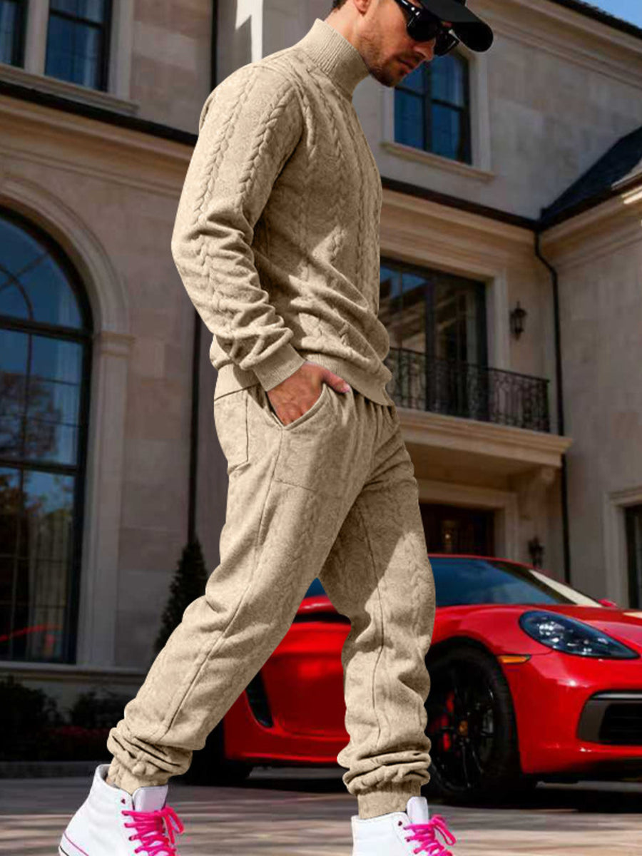 Men's Cable Knit Mock Neck Sweater And Joggers Set in Khaki with cable-knit