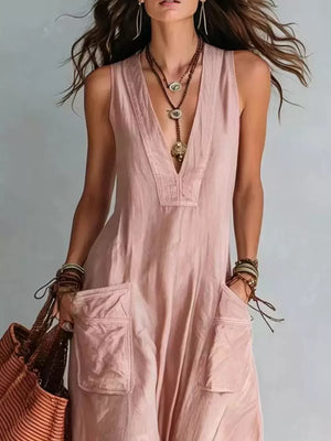 Full Size V-neck Sleeveless Wide-leg Jumpsuit in White with pocketed