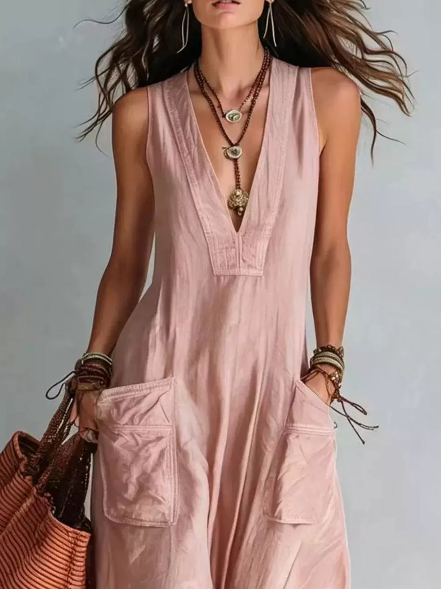 Full Size V-neck Sleeveless Wide-leg Jumpsuit in White with pocketed