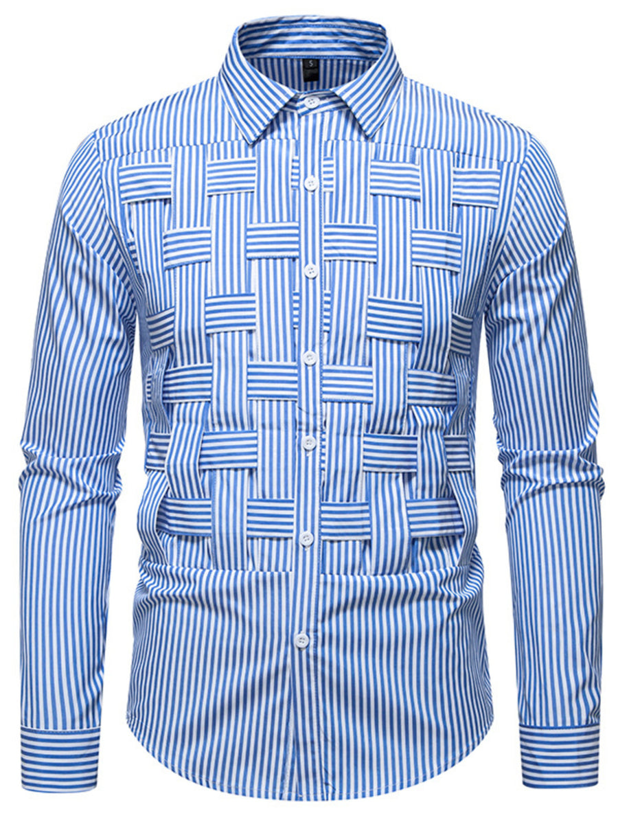 Blue striped woven button-down long sleeve shirt with a unique textured weave detail.