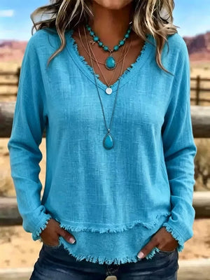 V-neck Long Sleeve Blouse With Frayed Hem in Dark Blue with raw hem