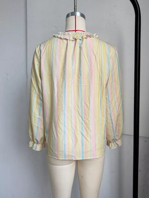 blouse featuring striped in Pastel Yellow with 100% polyester Care instructions: Machine wash cold texture