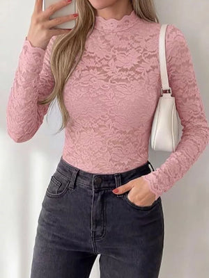 blouse in black with mock neck and long sleeve