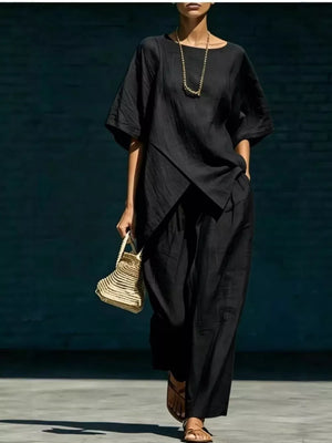 two-piece set in Beige with asymmetric hem and full-length