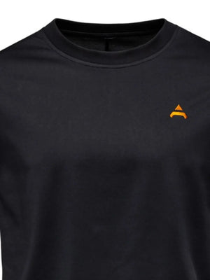 Black t-shirt with embroidered orange crest detail on chest