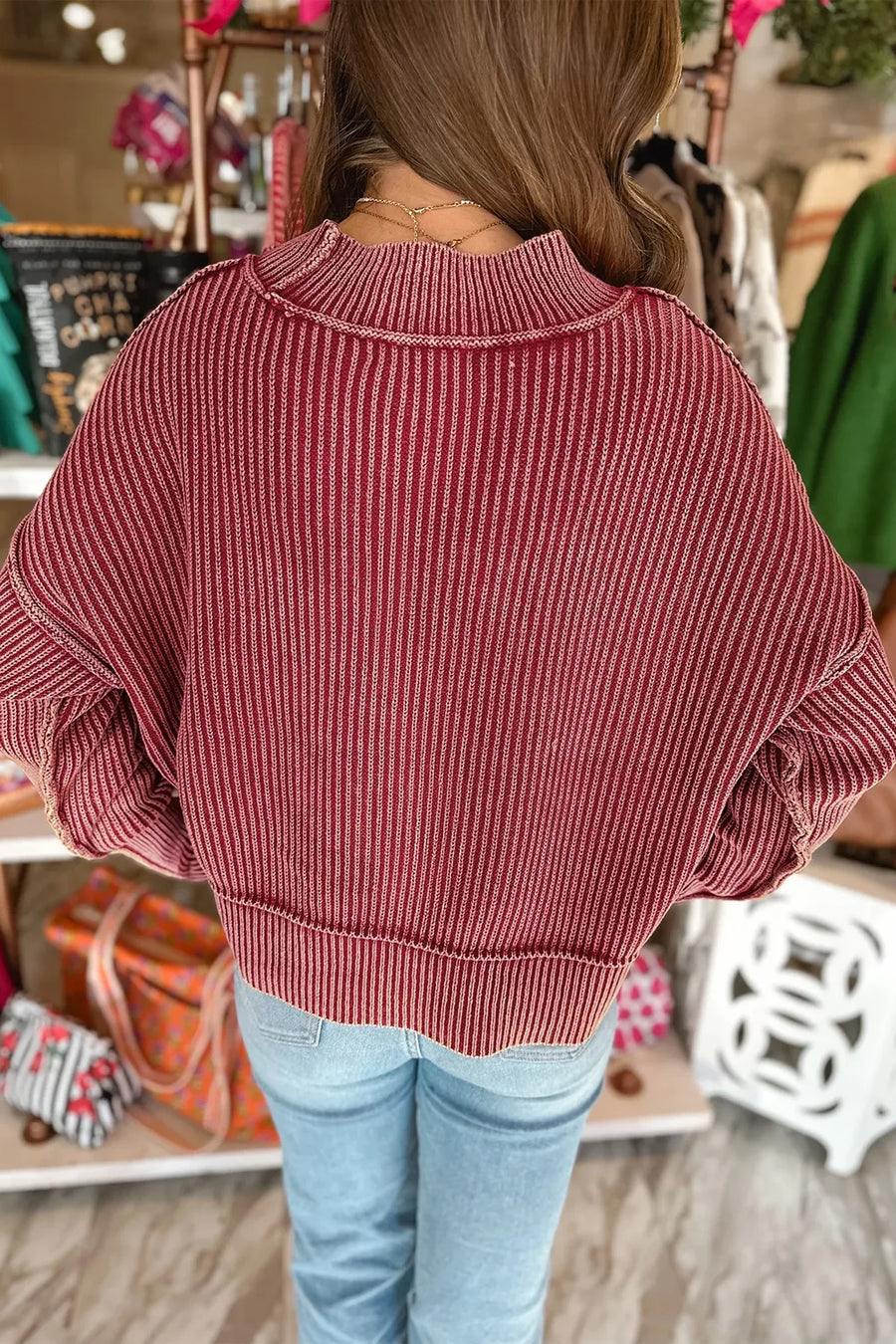 Burgundy with Drop Shoulder High Neck Ribbed Sweater