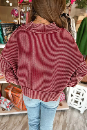 Burgundy with Drop Shoulder High Neck Ribbed Sweater