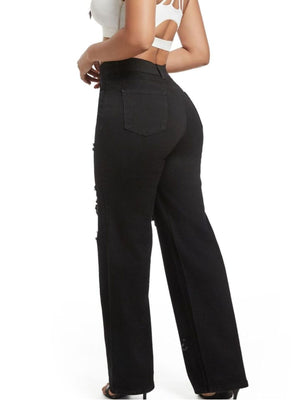 Pocketed Distressed Wide-Leg Jeans in White Blue with distressed
