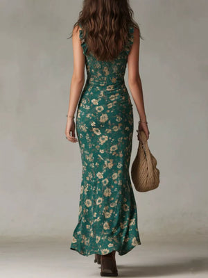 gold maxi dress featuring ruffled and floral