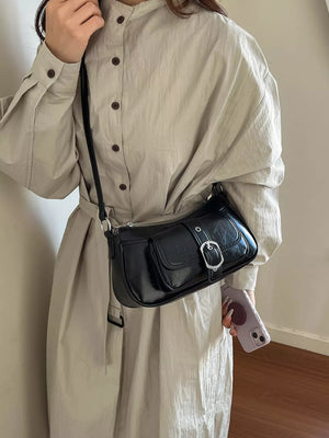 Buckle Detail Faux Leather Crossbody Bag in black with buckle detail