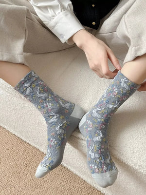socks in charcoal with floral and animal-print and elastic cuff