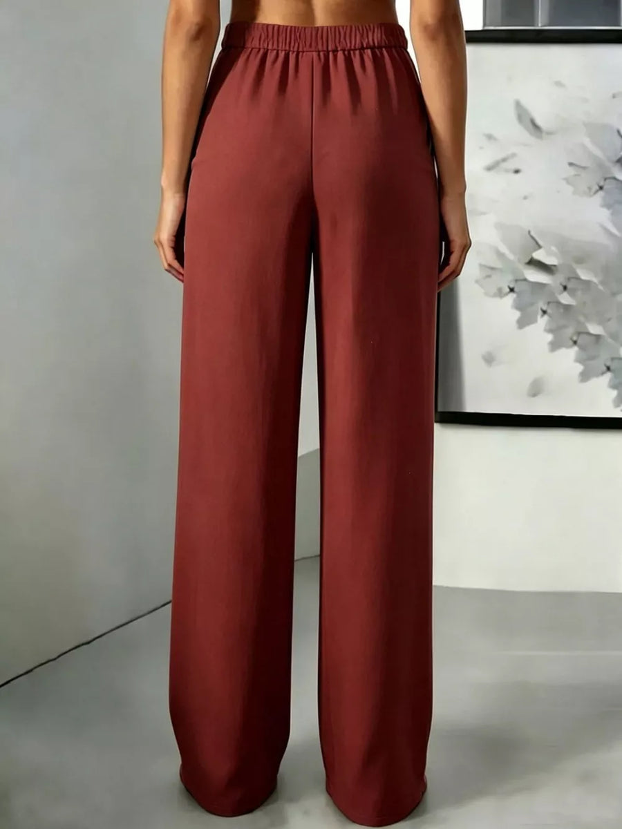 Beige wide-leg pants with full-length and button