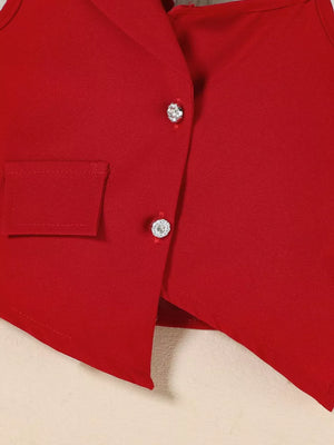Red asymmetrical vest with jeweled buttons and a pocket detail.