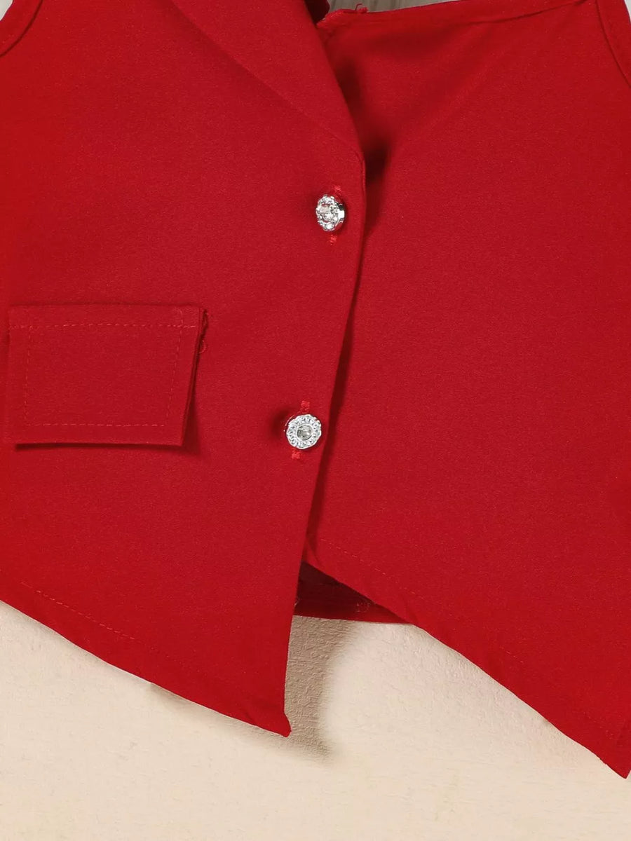 Red asymmetrical vest with jeweled buttons and a pocket detail.
