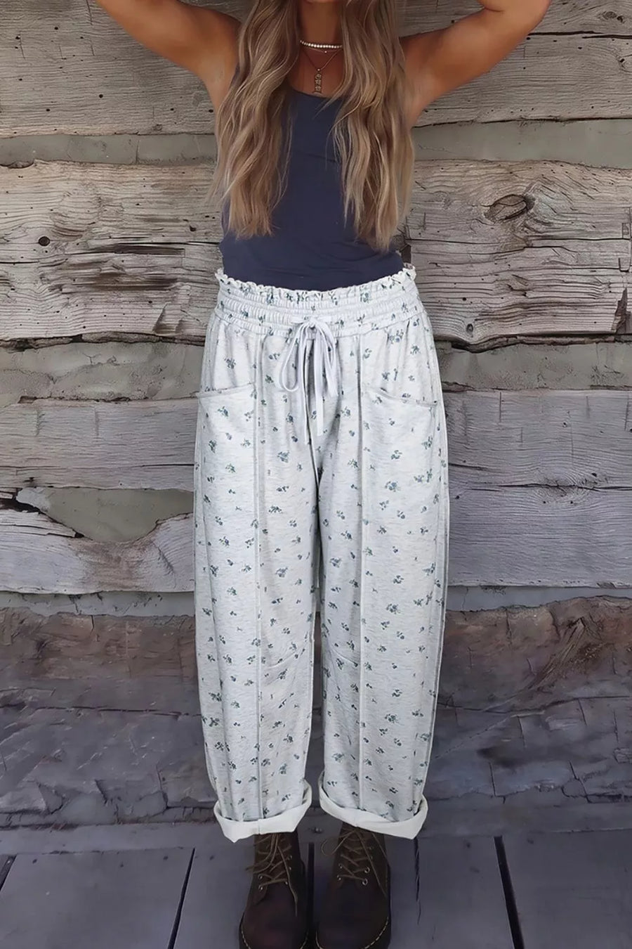 Light Gray with Floral Print Elastic Waist Regular Fit Pants