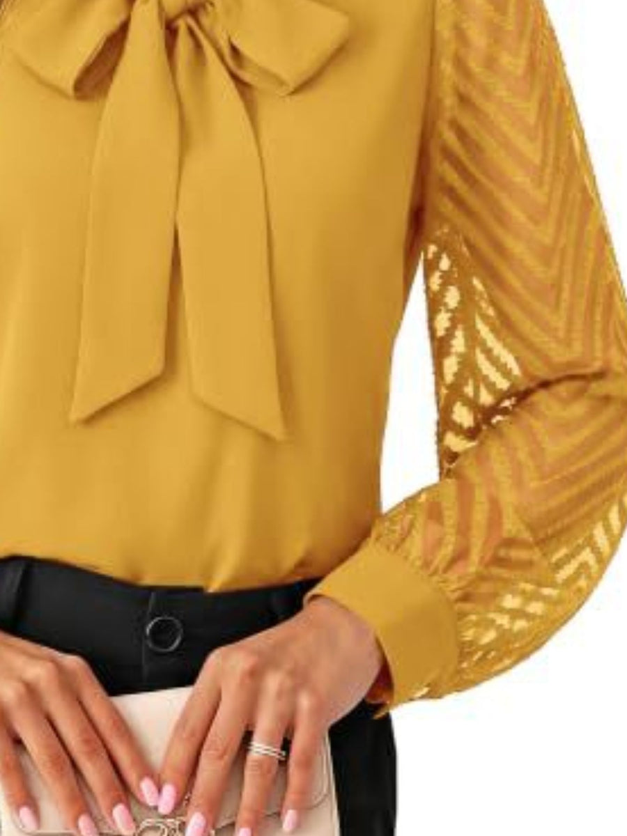 Bow-Tie Blouse With Sheer Chevron Sleeves in Yellow