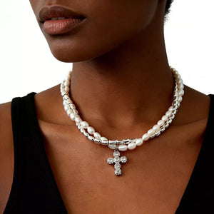 Gold with Elegant Pearl Alloy Necklace With Rhinestone Cross Pendant