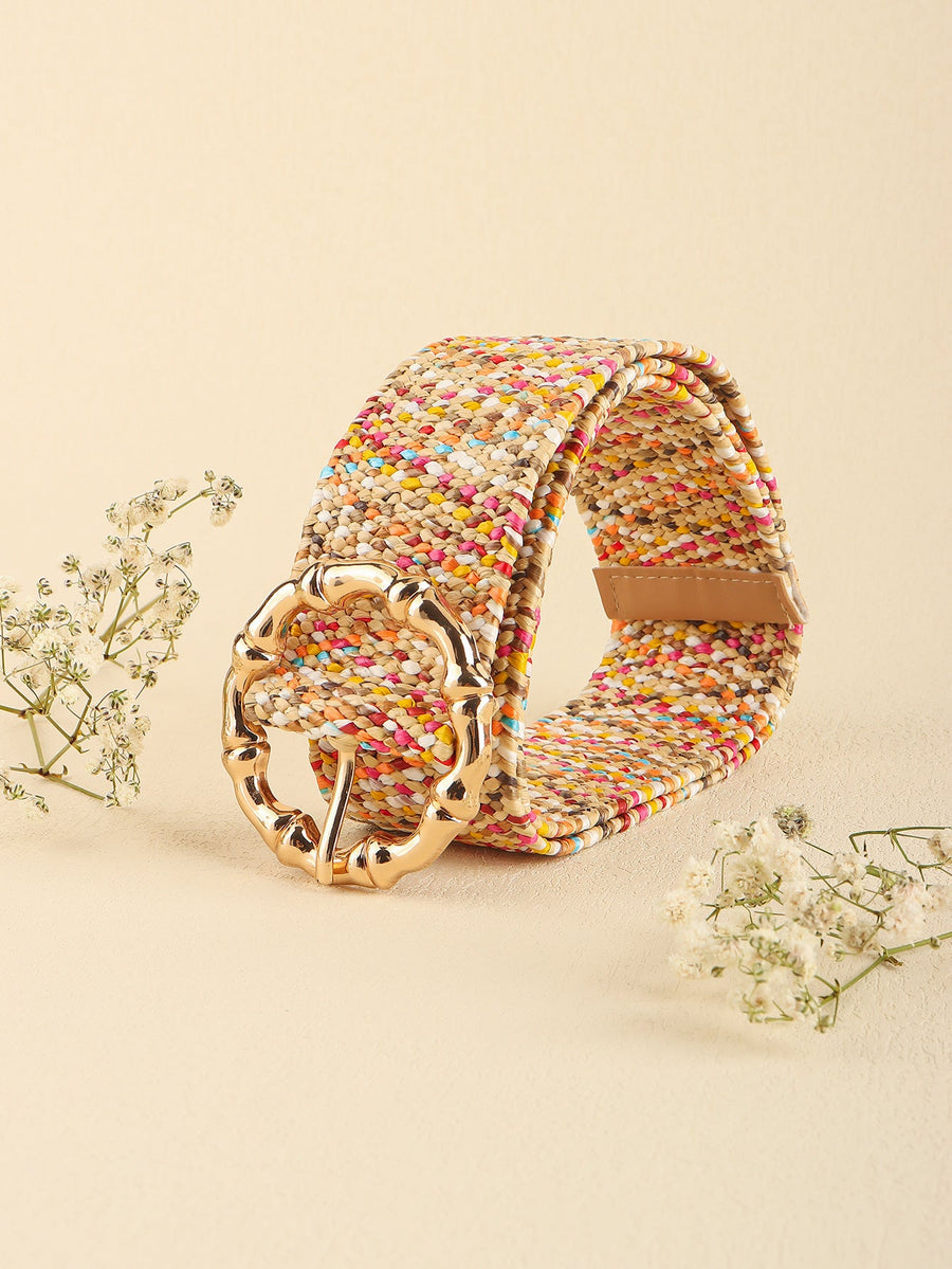 Woven raffia belt with multicolor flecks and a gold sculpted buckle.