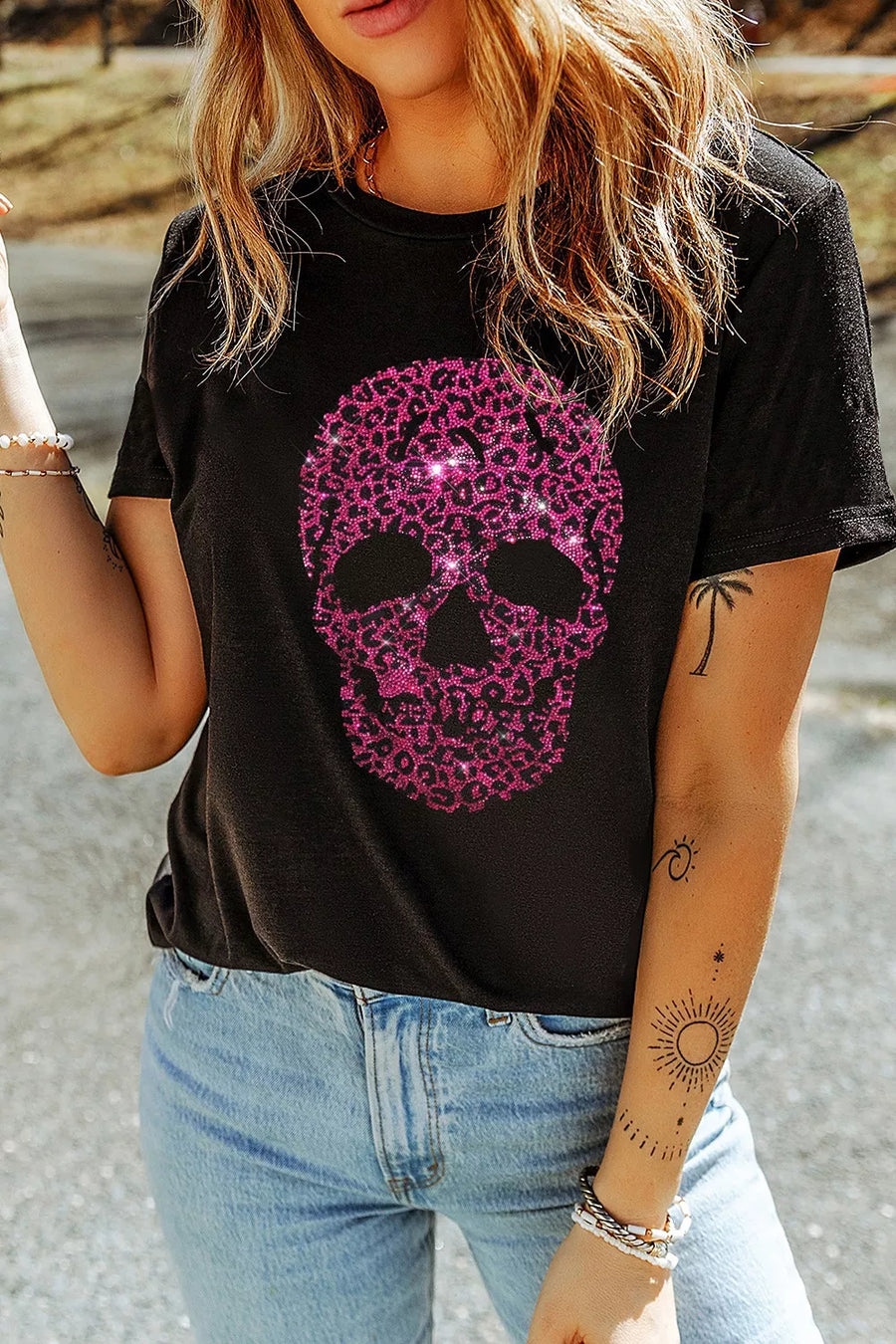 hot pink t-shirt featuring rhinestones and leopard-print