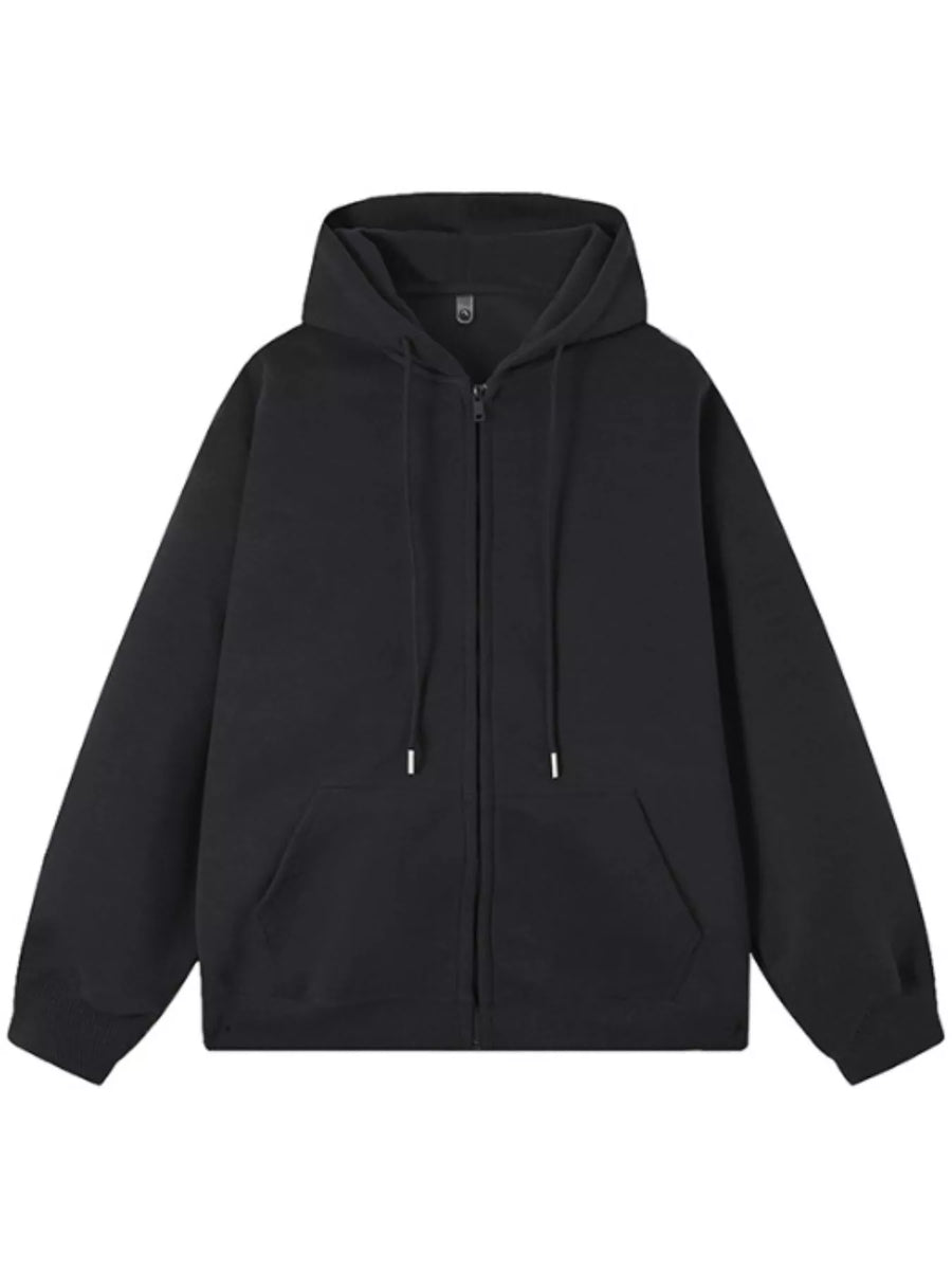 Black casual zip-up hoodie with drawstring hood and front pocket