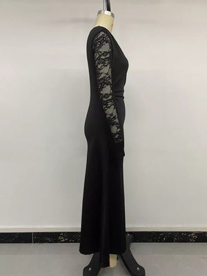 One-shoulder Lace Sleeve Maxi Dress in black