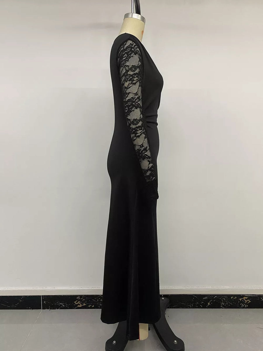 One-shoulder Lace Sleeve Maxi Dress in black