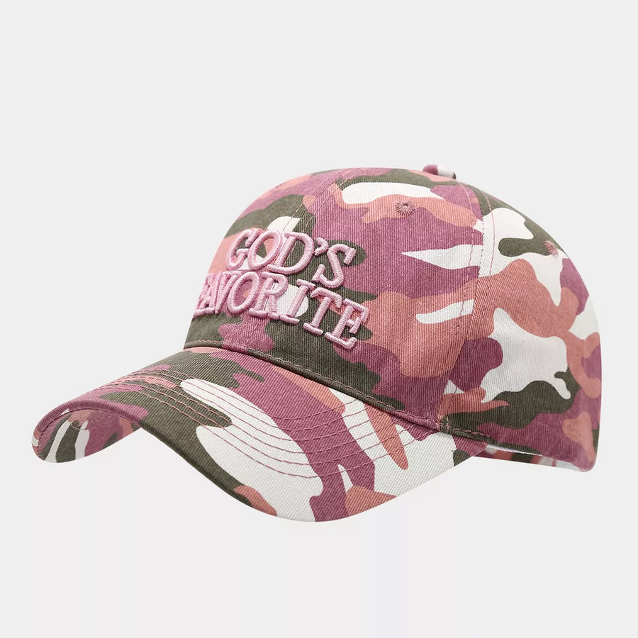 olive green cap featuring embroidered text and camo