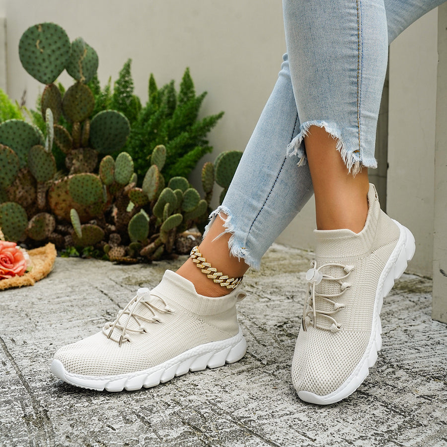 Mesh Round Toe Lace Up Sneakers in Beige with round toe