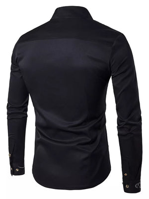 Black slim button-down shirt with mandarin collar