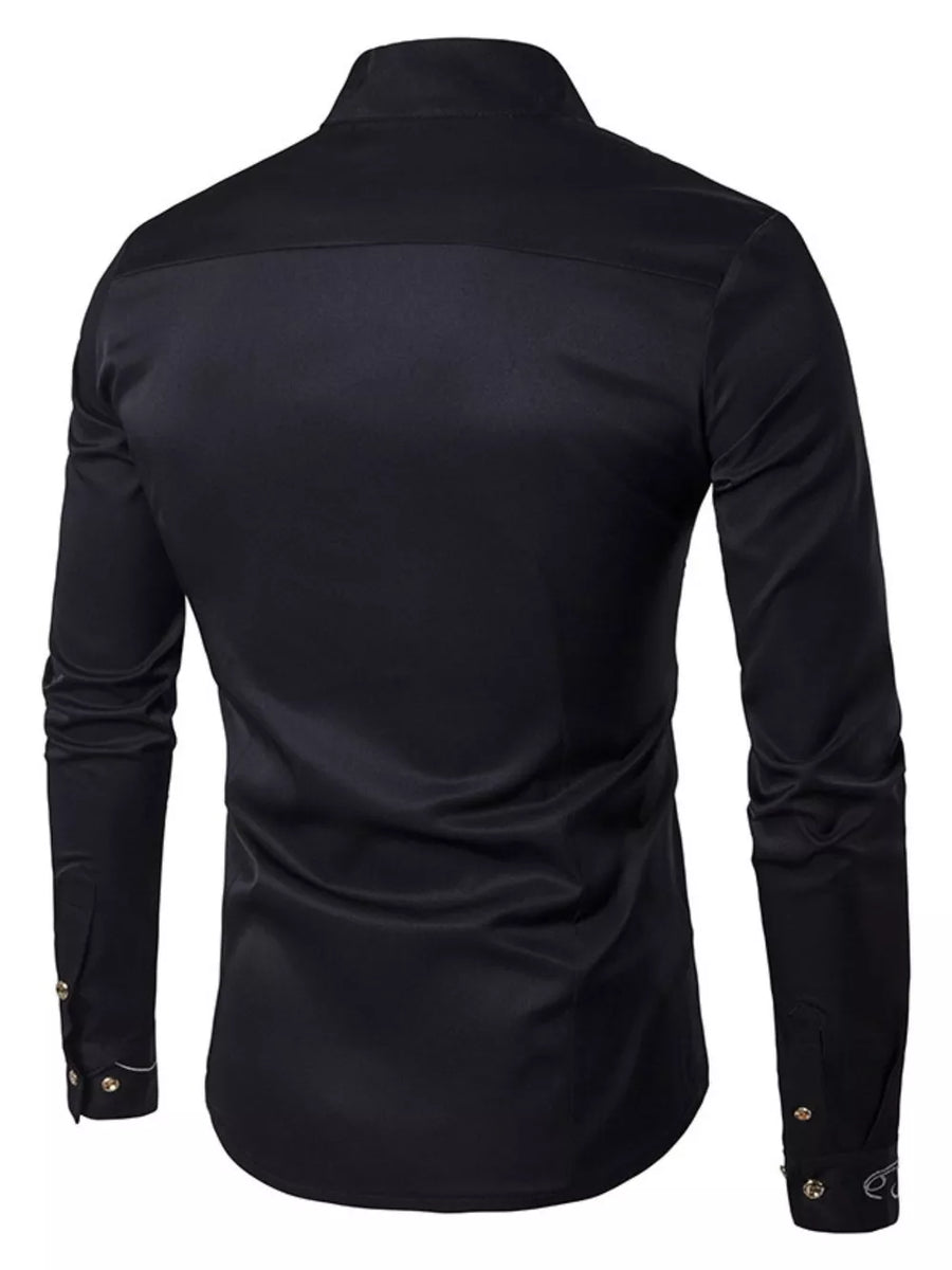 Black slim button-down shirt with mandarin collar