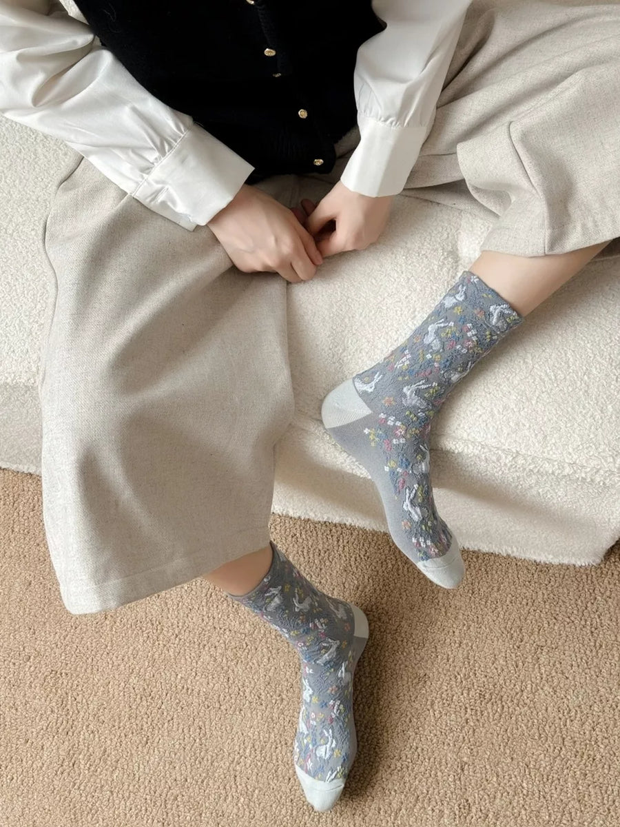 socks featuring floral and animal-print in purple with cotton Imported Size & texture