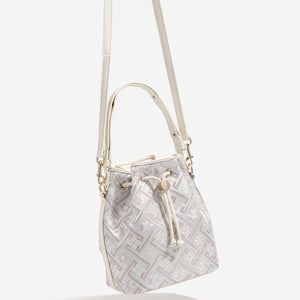 crossbody bag featuring geometric in cream with PU Leather Imported Size & texture
