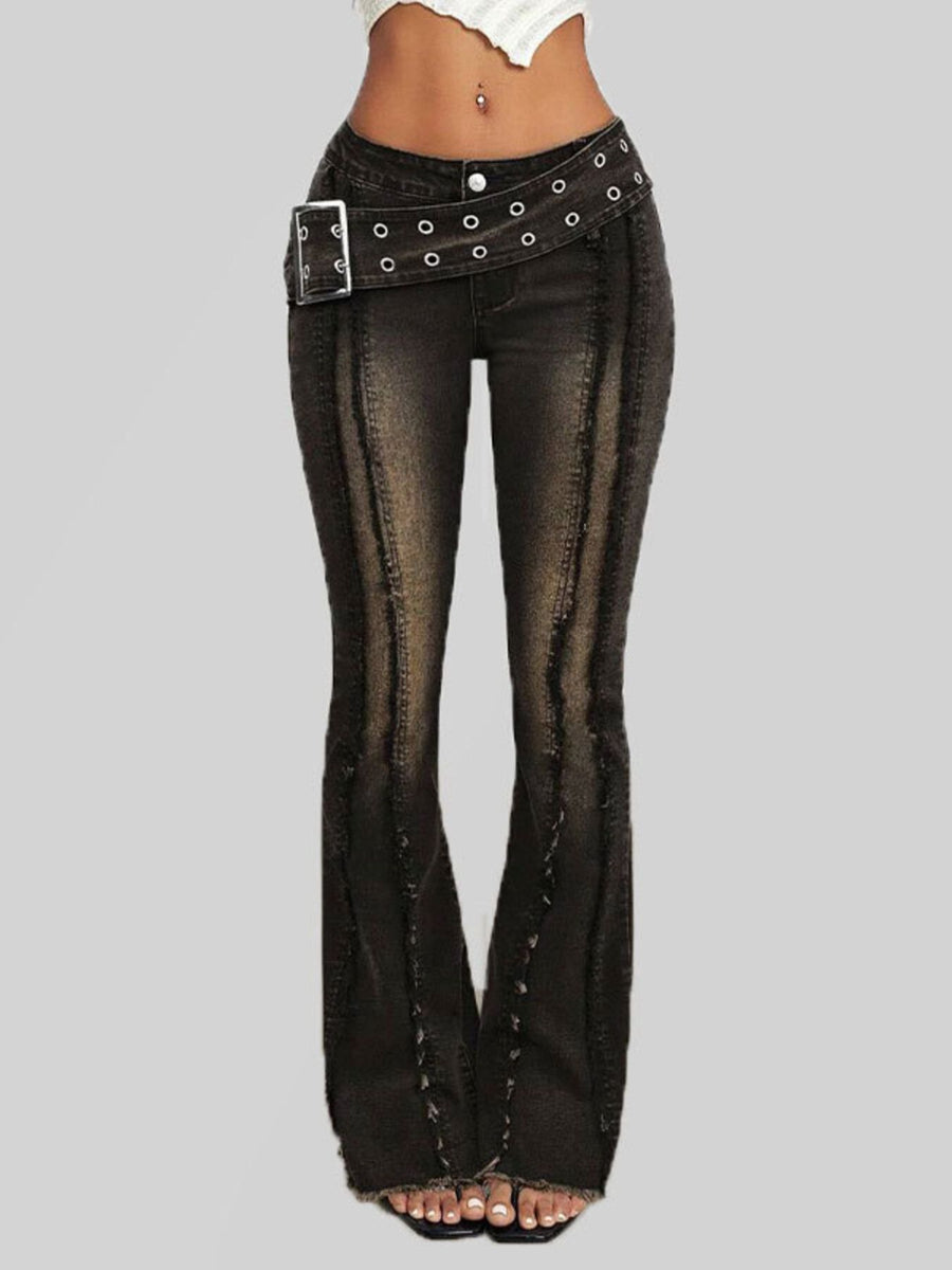 Belted high waist flare jeans in dark wash denim with distressed detailing and a silver buckle.