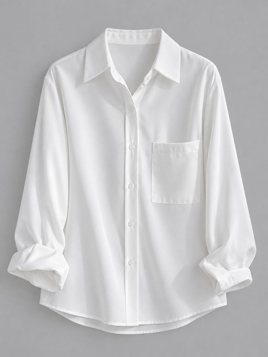 white button-up shirt with hip-length and button-front