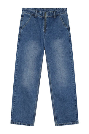 Zip-front relaxed fit denim trousers in medium wash, featuring a straight leg and casual style.