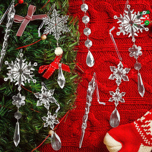 Transparent acrylic icicle and snowflake Christmas ornaments with crystal teardrop accents.
