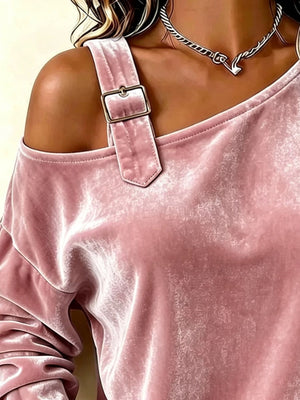 dusty blue blouse with buckle detail and long sleeve