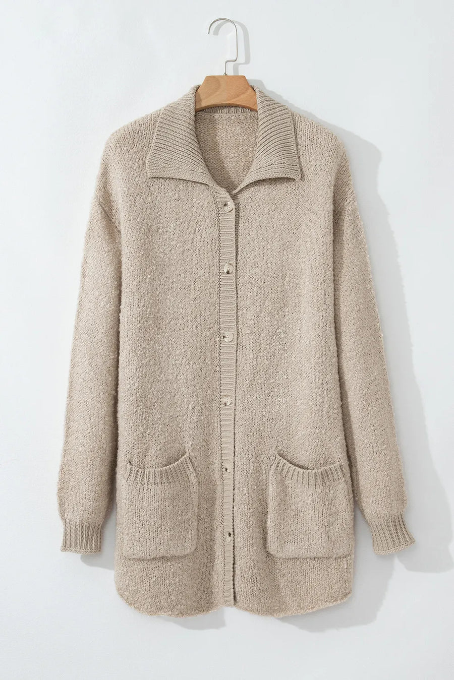 Textured knit collar cardigan in Dust Storm with button front and patch pockets.