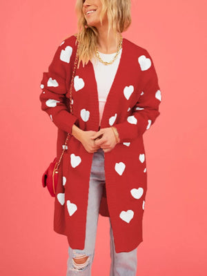 cardigan featuring heart-print in cherry red with 100% Acrylic Care instructions: Machine wash cold texture