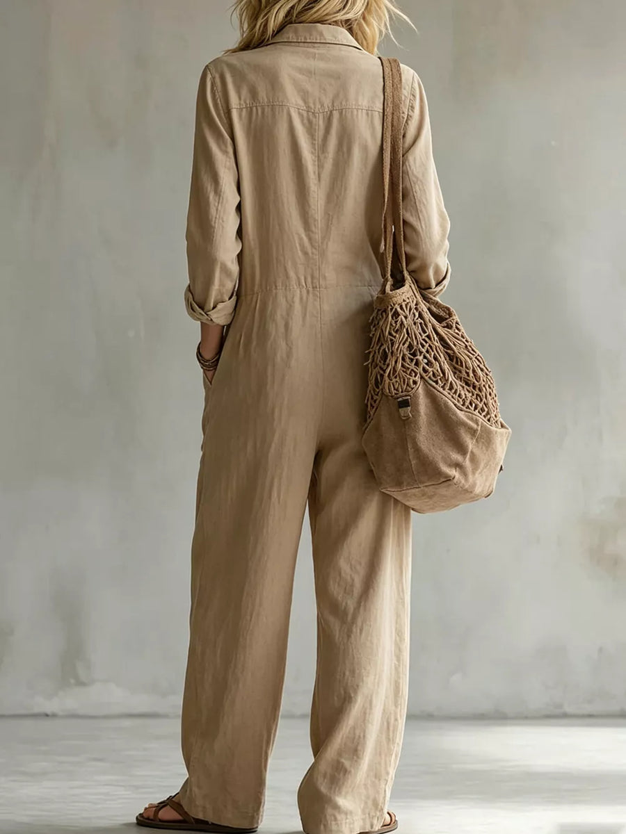 Red jumpsuit with pocketed and long sleeve