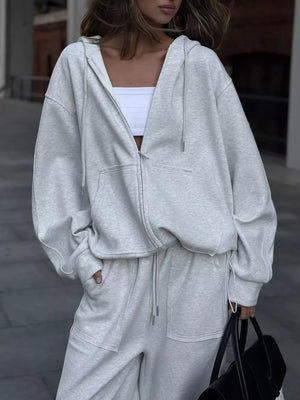 Yellow Oversized Zip-up Hoodie And Wide-leg Pants Set