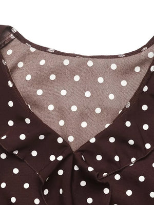 Polka Dot Ruffled V-neck Bodysuit in Coffee Brown