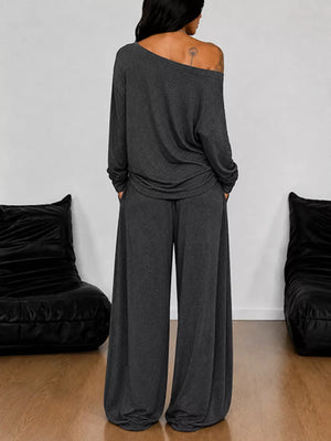 Brown One-shoulder Top And Drawstring Pants Set Plus Size