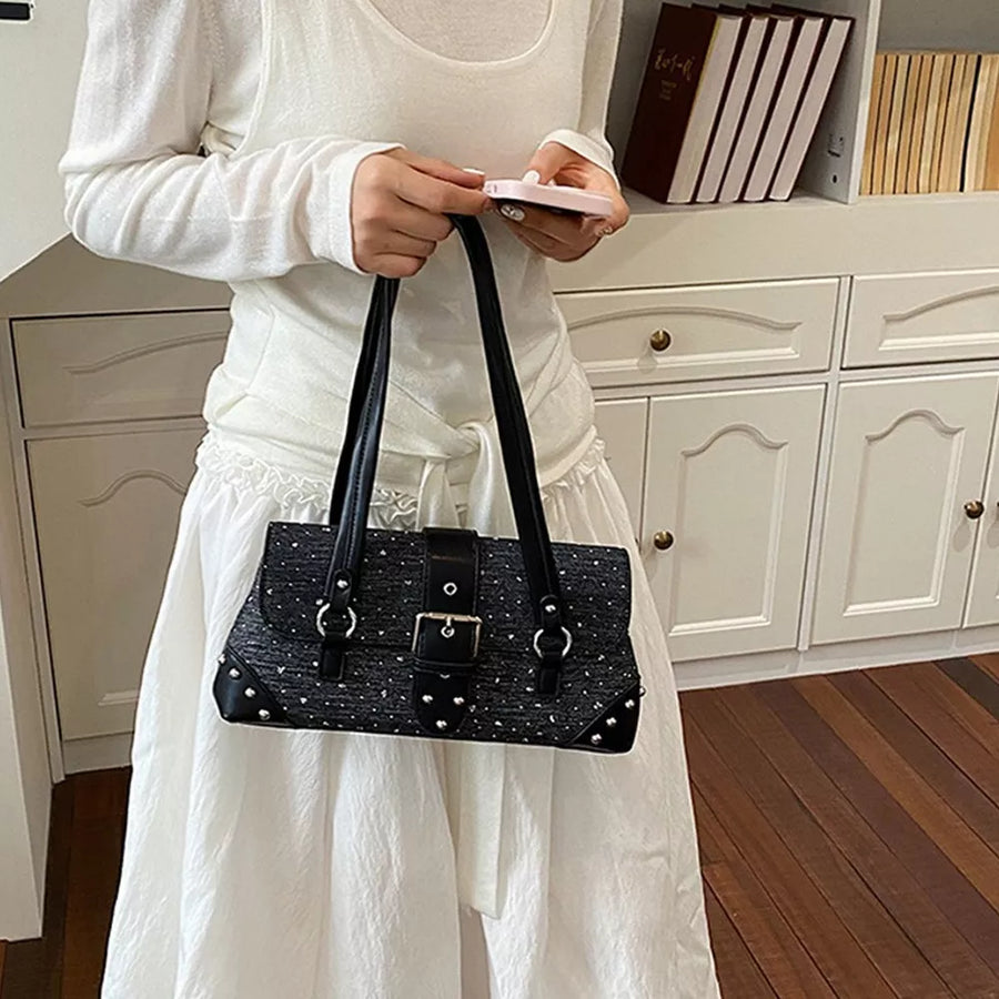 PU Leather Imported Size & handbag in dark gray with boxy silhouette