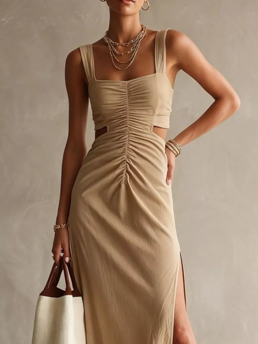 Ruched Cut-out Midi Dress in Khaki