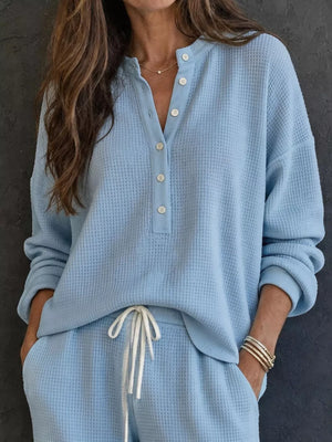 lounge set featuring waffle-knit in ivory with 100% polyester Care instructions: Machine wash cold texture