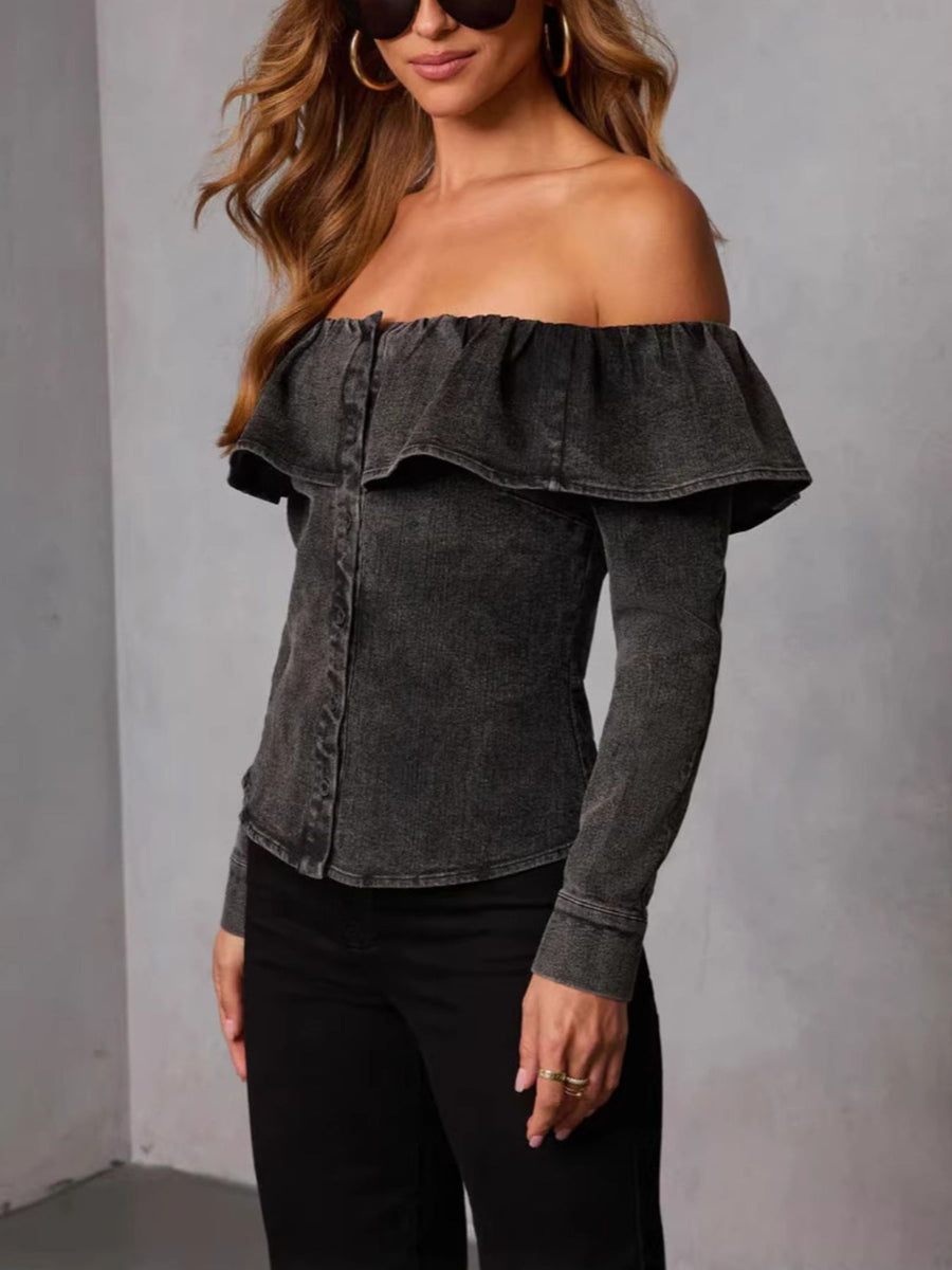 Black denim off-shoulder blouse with ruffled neckline and button-down front.