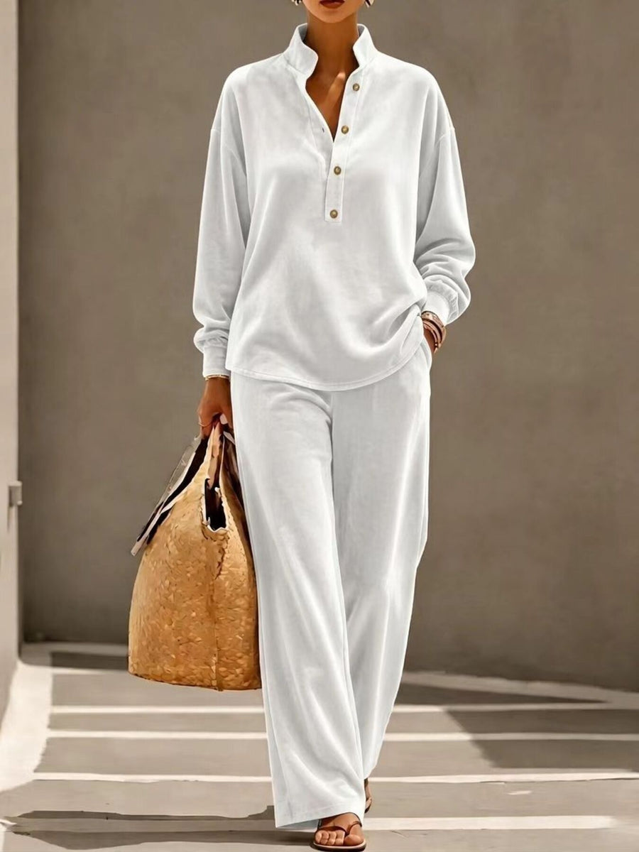 Full Size Half Button Top & Wide Leg Pants Set in Yellow