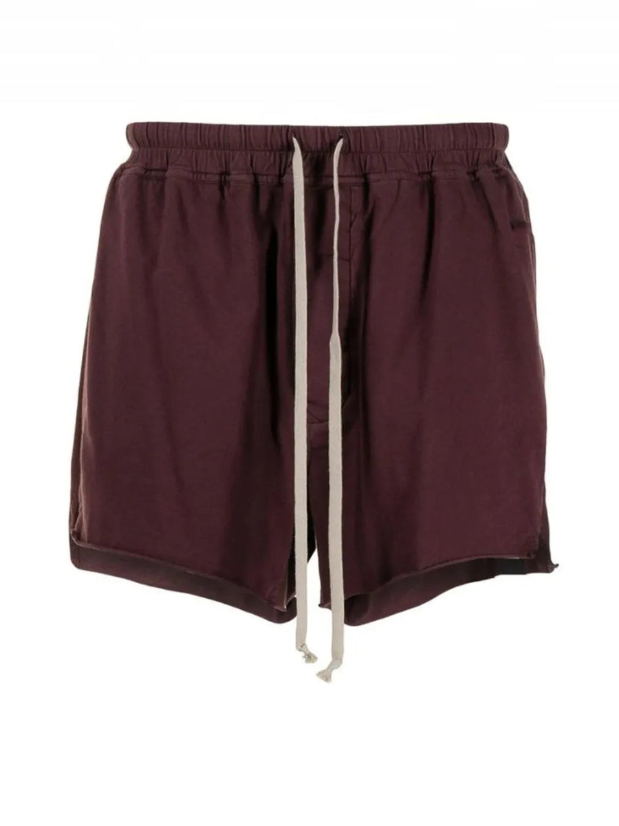 Burgundy lounge shorts with raw hem and drawstring waist