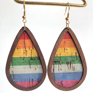 Teardrop rainbow striped cork earrings with wooden frame